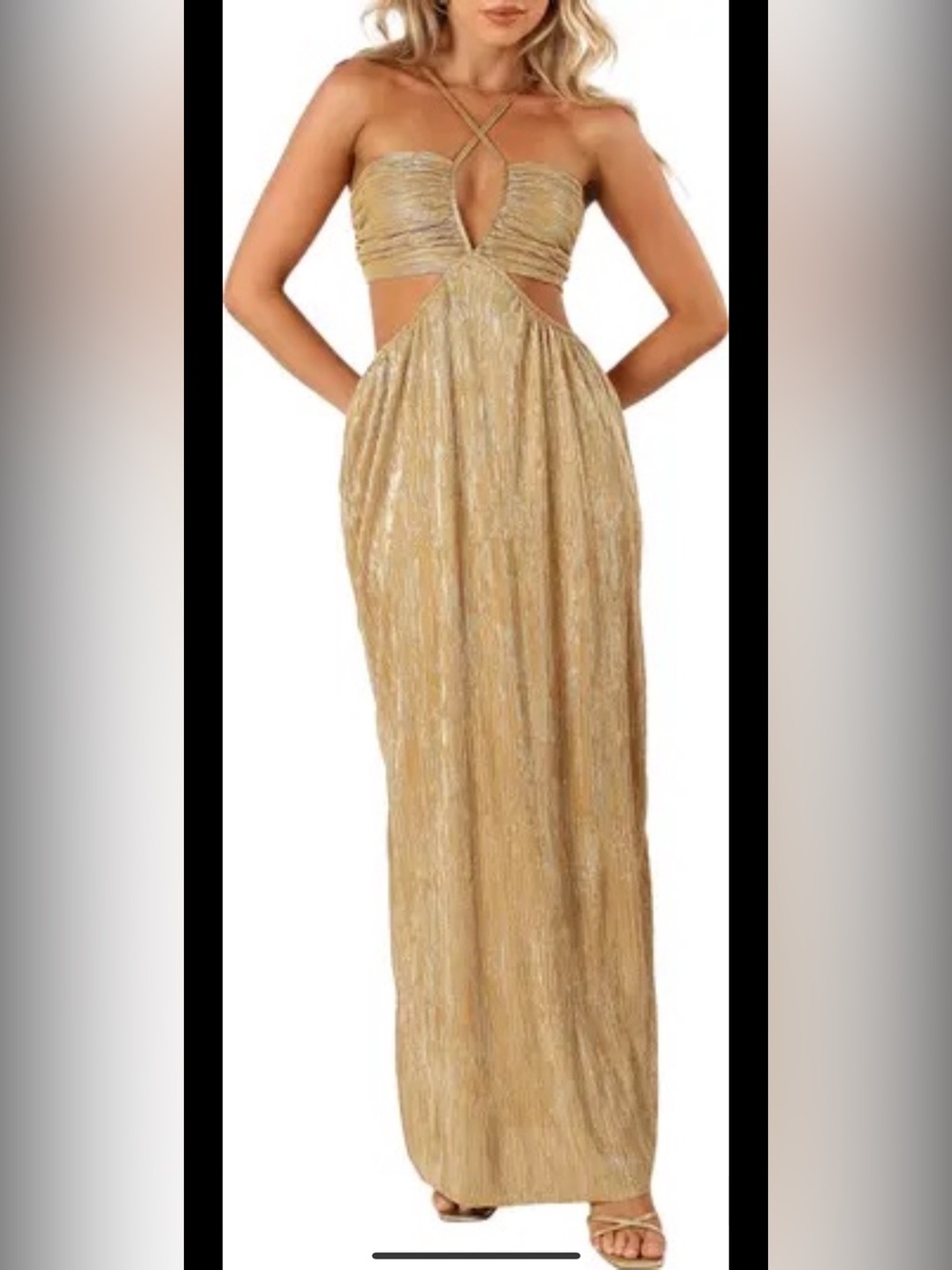Strappy Metallic Gold Maxi Dress with Cutout Waist